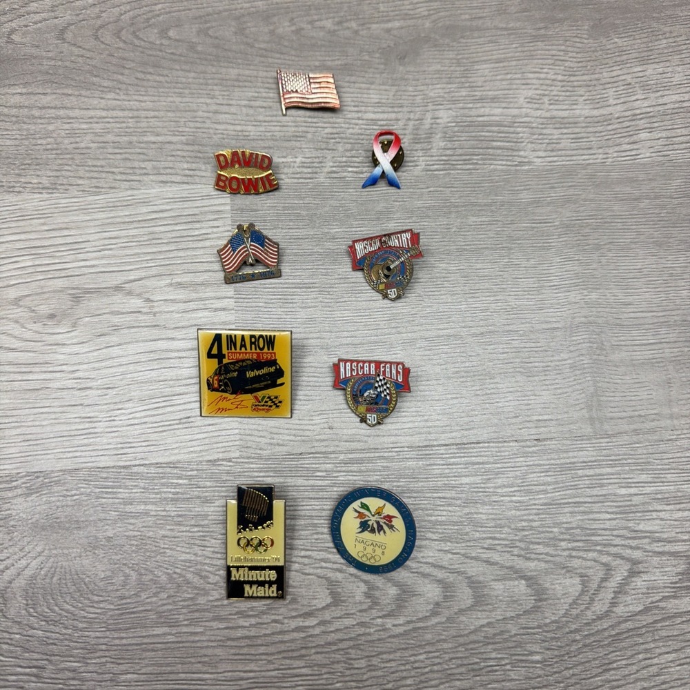 Lot Of 9 VTG Label Pins MinuteMaid NASCAR American Flag Breast Cancer‎ Awareness